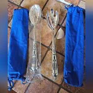 New AVON Vintage Salad 2 Silver Plated Pierced Handles with Cobalt Blue Glass
